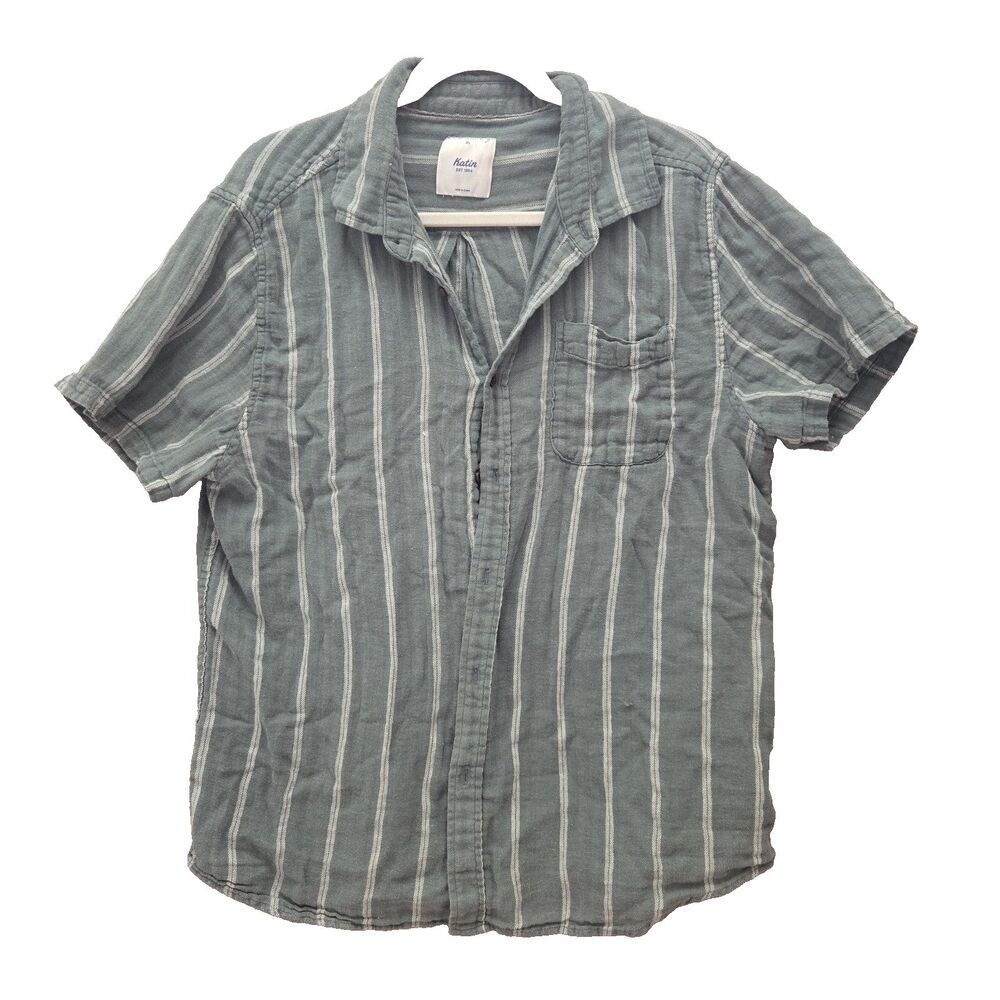 Katin Men's Green Striped Short Sleeve Shirt XL Fluffy Gauze Knit Linen Blend